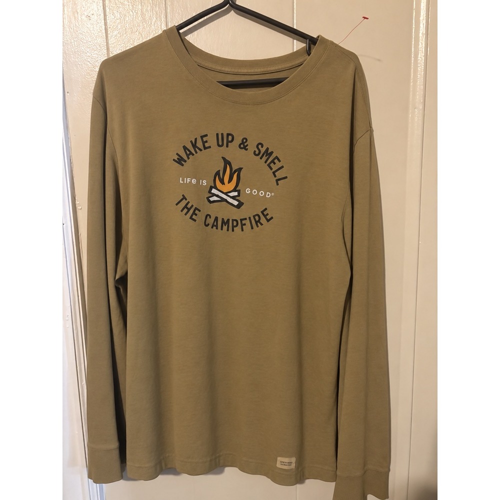 Life is Good Mens Large Crusher Tee Long Sleeve Wake Up & Smell The Campfire Tan